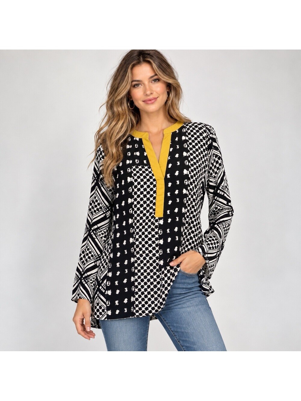 TINY Black White Patchwork Tunic Blouse L Mustard Trim Boho Artsy Geometric Top